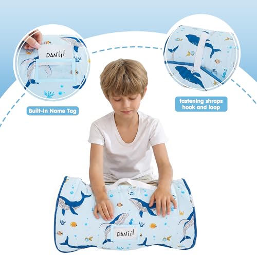 Image of Viviland Toddler Kid Nap Mat for Preschool, Boys Blue Ocean Whale Slumber Bag, Daycare Sleeping Bag with Pillow and Blanket, Kindergarten Sleep Mat
