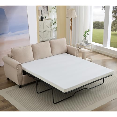 Image of Modern 3 Seat Sofa Couches with Pull Out Queen Memory Mattress Sleeper Bed, 2-in-1 Convertible 3 Seater Sofa Couch W /Rivet Decor and Scroll Armrests for Home Apartment