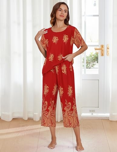 Image of Ekouaer Women's Two Piece Lounge Set Short Sleeve Shirt and Capri Pants Mumu Pajama with Pockets Loungewear Pjs Sets S-2XL