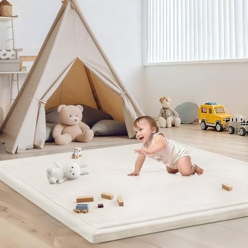 Image of Baby Play Mat for Floor Nursery Rug Muscle Mat Area Rug Playroom Rug 47 inchx47 inch Playpen Mat Elastic Foam 1.3 inch Thick Crawling Mat for Babies,Toddlers, Infants, Kids,Cream
