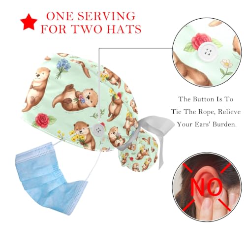 Image of 2 PCS Bouffant Cap with Button Ponytail Pouch Working Cap Sweatband Adjustable Surgical Cap Black and White Cow