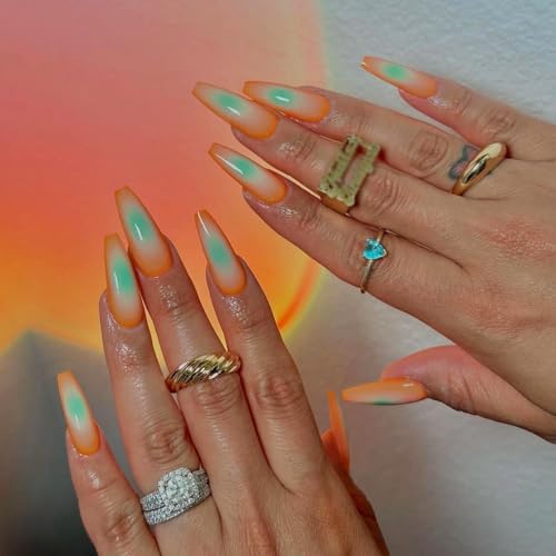 MISUD Press on Nails - Long Coffin Fake Nails, Acrylic Orange Green Ombre Design 24 pcs