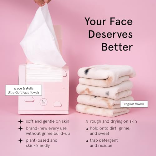 grace & stella Disposable Face Cloths, Ultra-Soft & Absorbent Face Towels - XL Makeup Wipes for Cleansing & Makeup Removal - Thick & Lint-Free Facial Tissue - Vegan, Plant-Based (60 Count) - 2