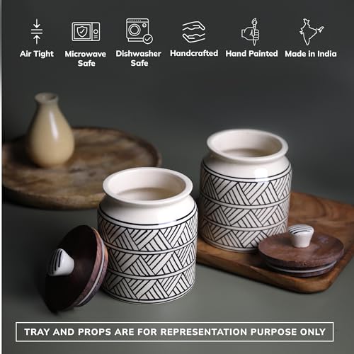 Image of Ceramic Jar & Container for Kitchen Storage Set | Multi Utility Air Tight Kitchen Organizer Items | Tea Coffee Sugar Containers with Wooden Lids (Hand-Painted, 460 ML, Pack of 2)