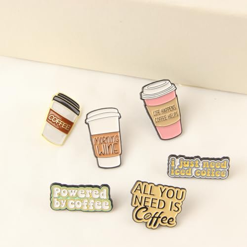 6PCS Coffee Slogans Cups Enamel Pins Bulk, Cartoon Cute Cool Need Coffee Lapel Backpack Hat Pin Set, Decorative Crooches Button for Jeans, Jackets, Bags, Dress, Shoes2