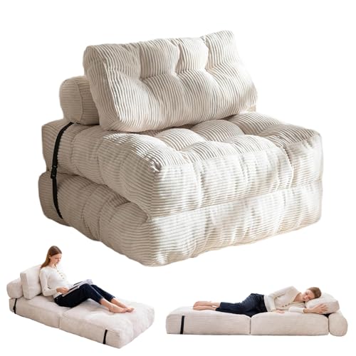 LIODUX Modern Folding Sofa Bed, Fold Out Comfy Modular Couch, 85x85x65CM Small Corduroy Couch, Foldable Mattress Minimalist Boneless Single Floor Lounger for Home Office Bookshop (White)