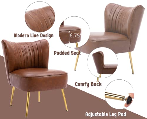CIMOTA Faux Leather Accent Chairs Set of 2 Modern Armless Slipper Chair Wingback Single Sofa Side Chair Comfy Corner Chair with Golden Legs for Living Room Bedroom, Vintage Brown