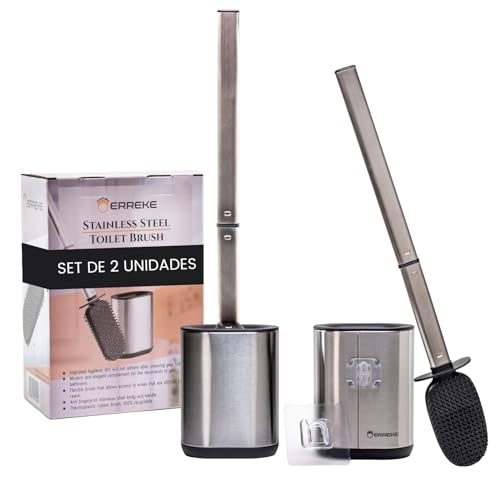 Erreke Set de 2 Escobilla Baño Silicona, Escobilla WC, con Soporte Antihuellas, Fácil Montaje en la Pared, Acero Inoxidable SS410, Higiénica, Flexible y Resistente, Mango Largo (Plateada)