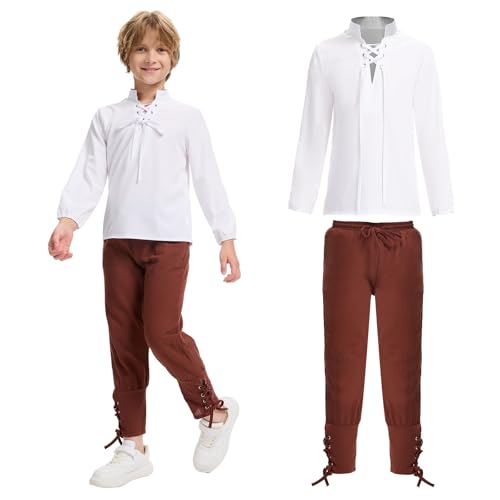 Costume médiévale pour enfant - Costume de Renaissance médiévale - Costume Viking - Chemise à lacets pour enfant - Pantalon - Costume d'Halloween pour...