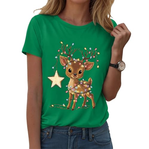 Image of Christmas T Shirts Women Women's Xmas Tops Shirt for Women Fashion Christmas Print T Shirt Short Sleeve Short Sleeve Round Neck Tee Printing Loose Top Womens Summer Shirts (Green, XL)