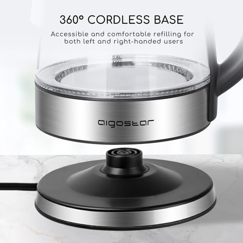Aigostar Glass Kettle with LED Lighting, 2200W, 1.7L, Boil-Dry Protection, BPA Free, Black and Silver, Quiet Boiling - Chubby 30LDA.