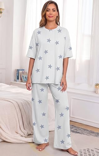 Image of PrinStory Womens Pajamas Sets 2 Piece Lounge Set Short Sleeve Tops and Long Pants Soft Pjs Loungewear with Pockets