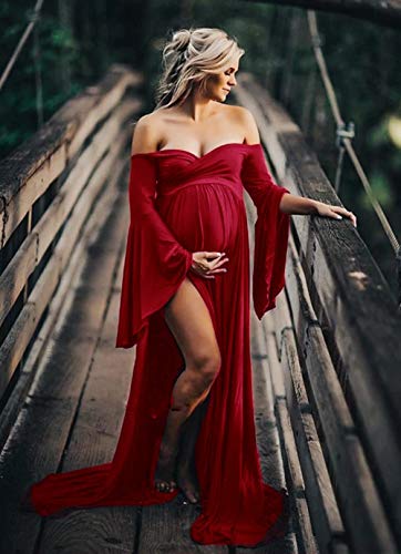Robe de maternité avec manches évasées amples et coupe maxi en tissu fluide