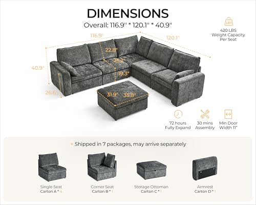 Image of 120.1'' Oversized Modular Sectional Sofa Plush Cloud Couch with Storage, Convertible Deep L-Shaped Sofa Set for Living Room, 6-Seater with Corner and Ottoman, Chenille, Grey