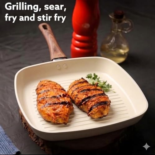 Image of Nonstick Grill Frying Pan with Cool Touch Handle,Stove Top Square Grill Pan for Big Cooking Surface, Durable Grill Skillet,Scratch Resistant, PFOA Free Low Oil use,(White, 24 cm)