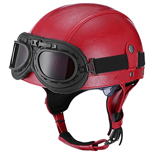 LHBM Medio Casco de Moto para Adultos,Cuero de PU Cascos Moto Abierto Dot/ECE Homologado,Vintage Classic Casco Moto con Visera Gafas para Chopper Moped Scooter Motocicleta Cascos G,M=57-58cm