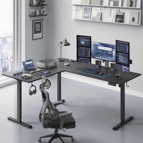 Image of 63 Inch L Shaped Electric Standing Desk, Corner Workstation, Black | 3 AC outlets, 2 USB ports, cable tray, cord clips, 3 memory presets, anti-collision and 176 lb capacity for home office.