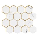 Lovdeco 5 Sheets Hexagon Peel and Stick Backsplash Gold and White Marble , PVC Kitchen Tile