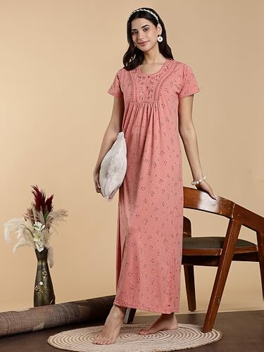 Image of 9shines Label Stylish Cotton Blend Embroidered Maxi Nightdress for Women with Pocket| Full Length Nightwear| Premium Nightdress| Comfortable Nightwear(5256)