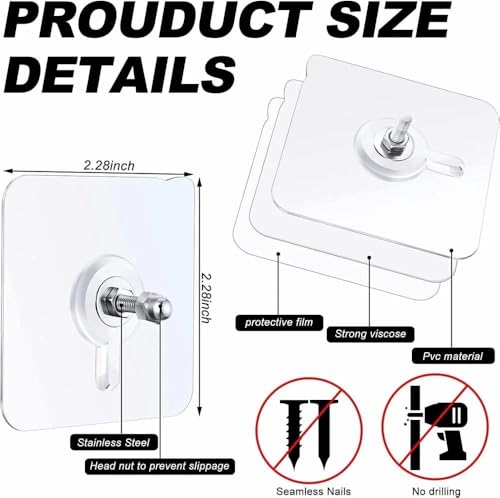 Image of 20 Pcs Stainless Steel, PVC, ABS Nail Free Seamless Adhesive Non-Trace No Drilling Installation Hanging, Waterproof Screws Wall Hook (Transparent)