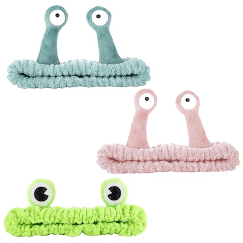 3 Piezas Cinta Pelo Maquillaje, Diadema Maquillaje Divertida Banda para el Cabello Diadema Skincare Coral Fleece Hair Band, Con Ojos de Rana y Caracol Diadema Maquillaje Para Mujeres Niñas