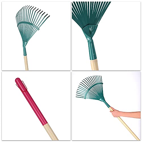 Foto von KADAX Rechen, Laubrechen für Damen, Harke mit langem Stiel aus Holz, Laubfächer für Garten, Bequeme Gartenharke, Rasen, Laubbesen, Gartengerät, Gartenwerkzeug, Laubfeger (Stahlband)