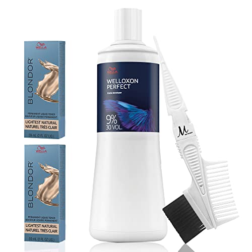 Blondor /03 Lightest Natural Permanent Liquid Toners 2 oz each, Welloxon Perfect 9% 30 Volume Developer 1 Liter, and M Hair Designs Tint Brush/Comb White (Bundle 4 items)