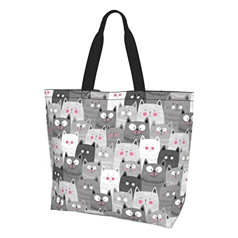 Cute Cartoon Cats Large Tote Bag for Women Men，Reusable Shoulder Casual Handbag for Shopping Beach Travel and Grocery Cover