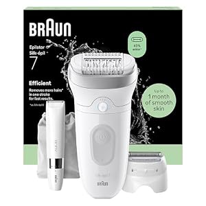 Braun Silk·épil 7, Epilierer Damen mit Breitem Kopf für eine Einfache Haarentfernung, Nass & Trocken, Langanhaltend Glatte Haut — Inkl. Rasieraufsatz, Trimmeraufsatz und Mini Rasierer — 7-441, Silber