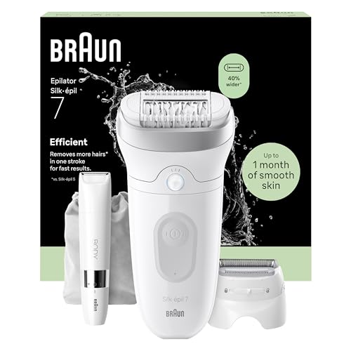Braun Silk·épil 7, Epilierer Damen mit Breitem Kopf für eine Einfache Haarentfernung, Nass & Trocken, Langanhaltend Glatte Haut — Inkl. Rasieraufsatz, Trimmeraufsatz und Mini Rasierer — 7-441, Silber