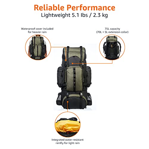 Amazon Basics Wanderrucksack mit Innengestell und Regenschutz, 75 L, Grün – Bild 4