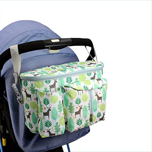Bolsa Cochecito Bebé Universal, Organizador Carrito Gran Capacidad con Bolsillo de Malla, Bolso para Carro Sostener Biberones Pañales Toallitas Teléfono Celular etc, con Correas Ajustables (Verde)