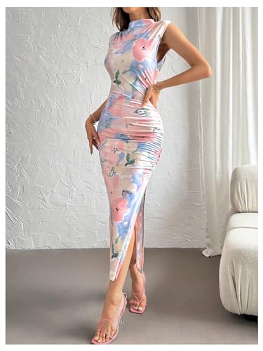Milumia Women‘s Floral Print Mock Neck Sleeveless Dress Fishtail Bodycon Maxi Dresses2