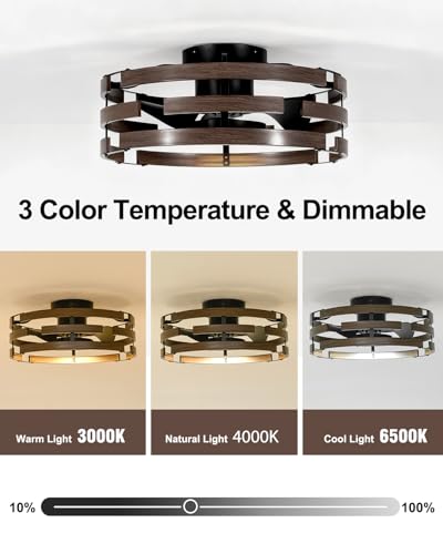 Image of Roomratv Rustic Fandelier Flush Mount Ceiling Fan with Lights,20'' Low Profile Caged Ceiling Fan with Remote,Farmhouse Bladeless Enclosed Small Fan Light Fixtures for Kitchen Bedroom