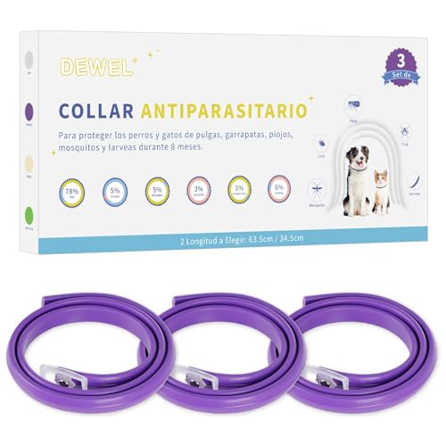 DEWEL Collares Antiparasitarios, Collares contra Pulgas y Garrapatas para Perros y Gatos, Collares Antipulgas Ajustable para Mascotas (Morado, 63.5 cm)