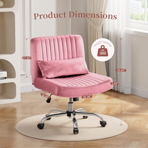 Image of Warmiehomy Velvet Criss Cross Desk Chair with Wheels, Luxury Cross Legged Office Chairs for Home Office, Swivel Wide Seat Vanity Chair, Armless Adjustable Height Gaming Chair Gift, Dusty Rose