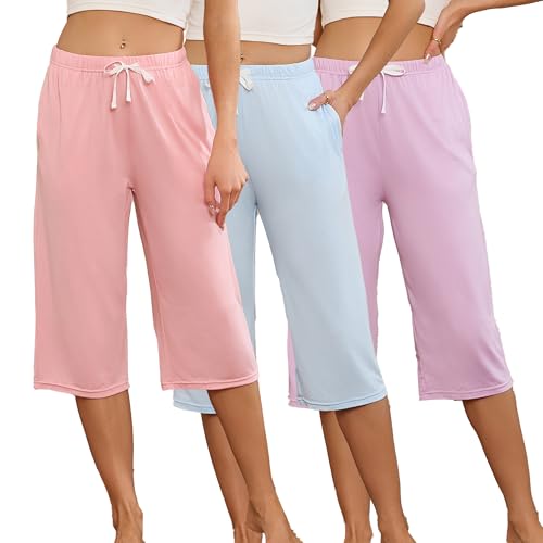 Image of U2SKIIN 3 Pack Womens Pajama Pants Capri Lounge with Pockets Comfy Drawstring Pj Bottoms Casual Summer Sleep