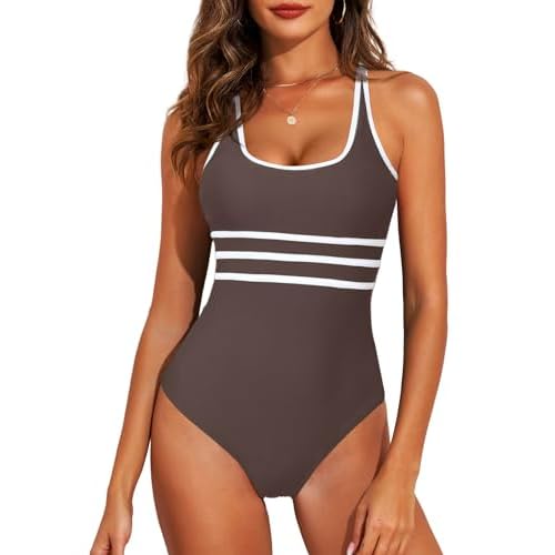 Aleumdr Women's Color Block One Piece Athletic Swimsuit Sports Tummy Control Cheeky High Cut Bathing Suits XX-Large Coffee