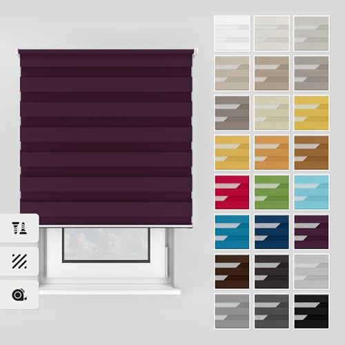 Estika Doppelrollo mit Bohren 170x150 cm Farbe: Pflaume, Rollo Deckenmontage und Wandmontage Fenster rollos für innen, Jalousien Fenster, Tür Rollo