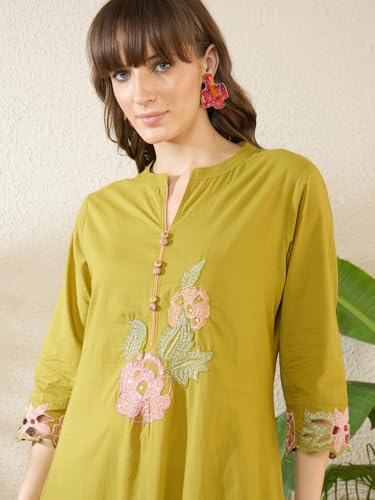Image of INDO ERA Women's Pure Cotton Floral Embroidered Straight Kurta & Pant Set (IESTR11932)