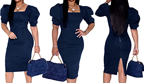 SeNight Women Denim Dresses Elegant Sexy Short Sleeve Jean Party Dress4