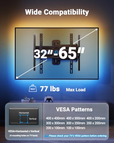 Image of Pipishell Full Motion TV Wall Mount with LED Lights for 32-65 Inch TVs