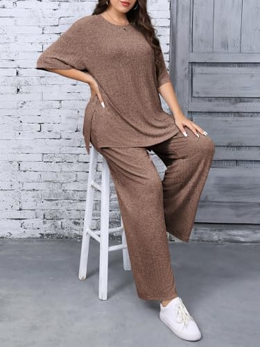 Beautife Womens Plus Size 2 Piece Lounge Sets Ribbed Short Sleeve Tops and Wide Leg Pants Set Travel Airport Outfits4