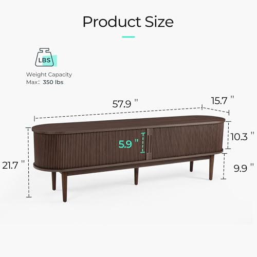 LINSY HOME 58\" Fluted TV Stand for TVs up to 65 Inch, Mid Century Modern Entertainment Center with Storage Cabinet and Sliding Doors, Farmhouse Wood Media TV Console for Living Room, Bedroom, Walnut - Thumbnail 2