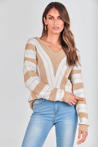 PRETTYGARDEN Sweaters for Women 2025 Long Sleeve Striped Knitted V Neck Pullover Jumper Tops Fall Outfits Fashion Clothing