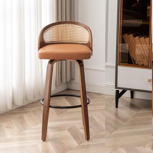 Image of 24.8 inch Swivel Rattan Bar Stools,Mid-Century Modern Orange Leather Upholstered Counter Height Stools,Kitchen Island Barstools with Rattan Low Backrest,Walnut Wood Finish Bar Chair,1PCS