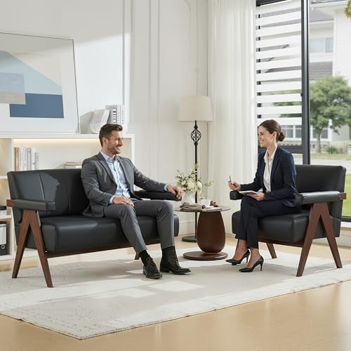 STHOUYN 50\" Black Leather Sofa, Small Comfy Office Loveseat Couch with Back, Mid Century Modern Wooden Love Seat Bench Waiting Room Furniture Couches for Living Room, Bedroom - Thumbnail 3