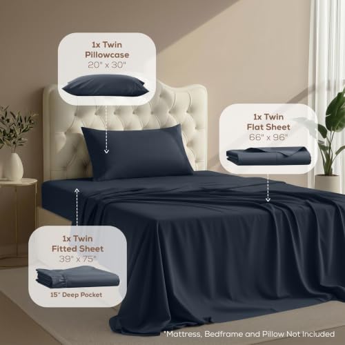 Image of Twin Size Sheet Set - 3 Piece Bed Sheets, Soft and Breathable Microfiber, Includes 1 Fitted Sheet, 1 Flat Sheet and 1 Pillowcase - Oeko Tex (Navy)