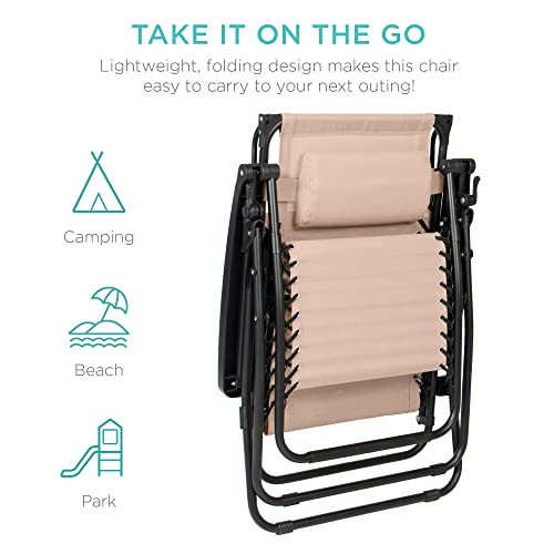 Best Choice Products Folding Zero Gravity Outdoor Recliner Patio Lounge Chair W/Adjustable Canopy Shade, Headrest, Side Accessory Tray, Textilene Mesh - Sand #TOP5
