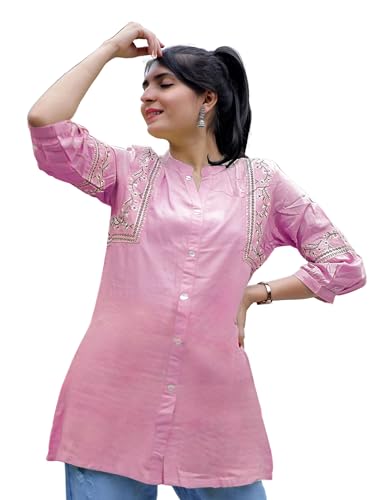 Image of Women's Viscose Rayon Embroidered A-Line Short Kurti Above Knee Regular Fit Tunic Top Office Wear Casual short kurti for women | office wear top | A-line kurti | raksha bandhan gift dress for women